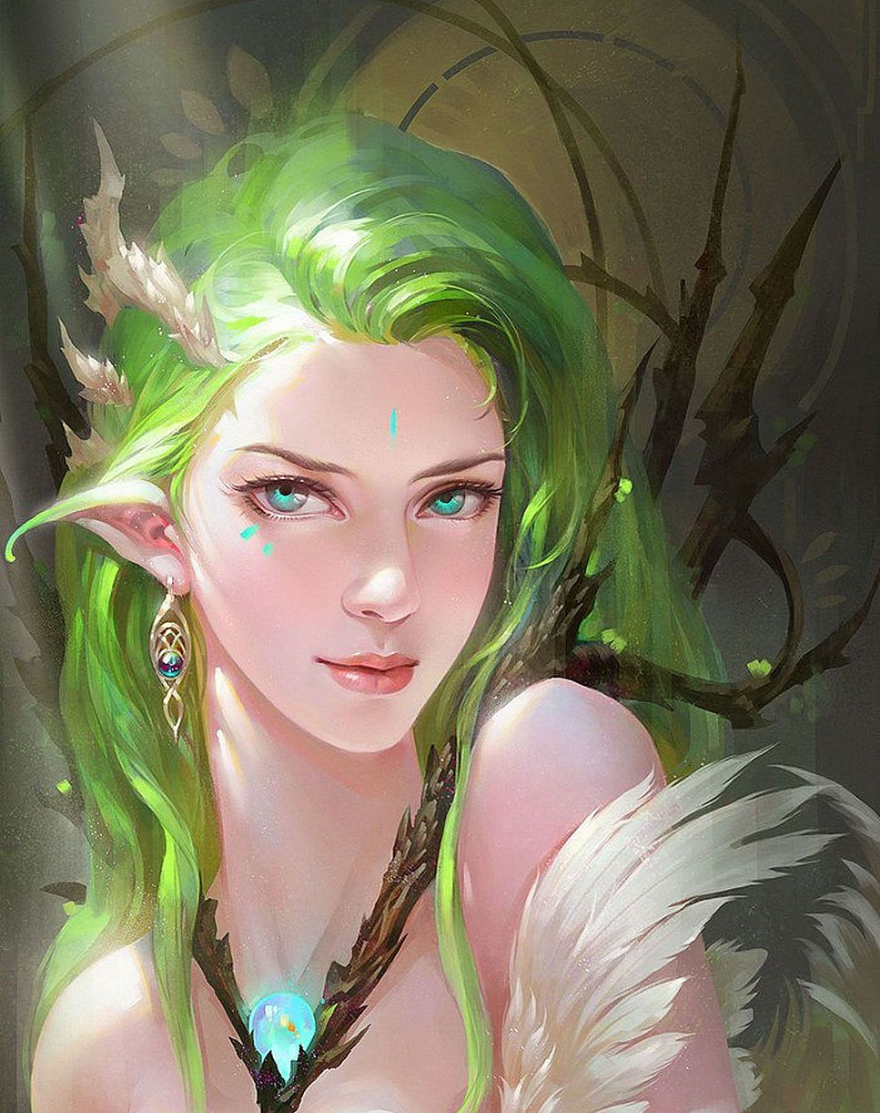 Elf girl with green hair: Original anime characters (Artist: Wang Miao)
