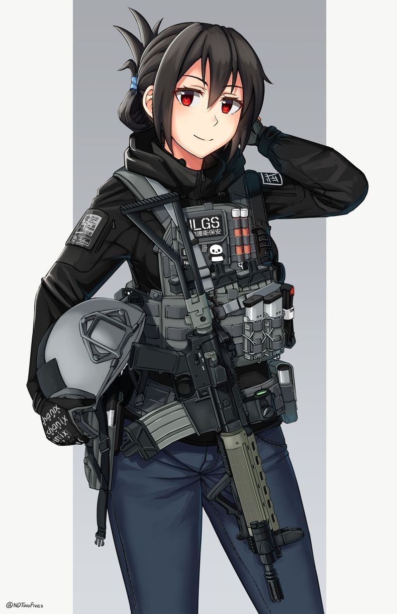 Military anime girl with weapon: Original anime characters (Artist: Ndtwofives)