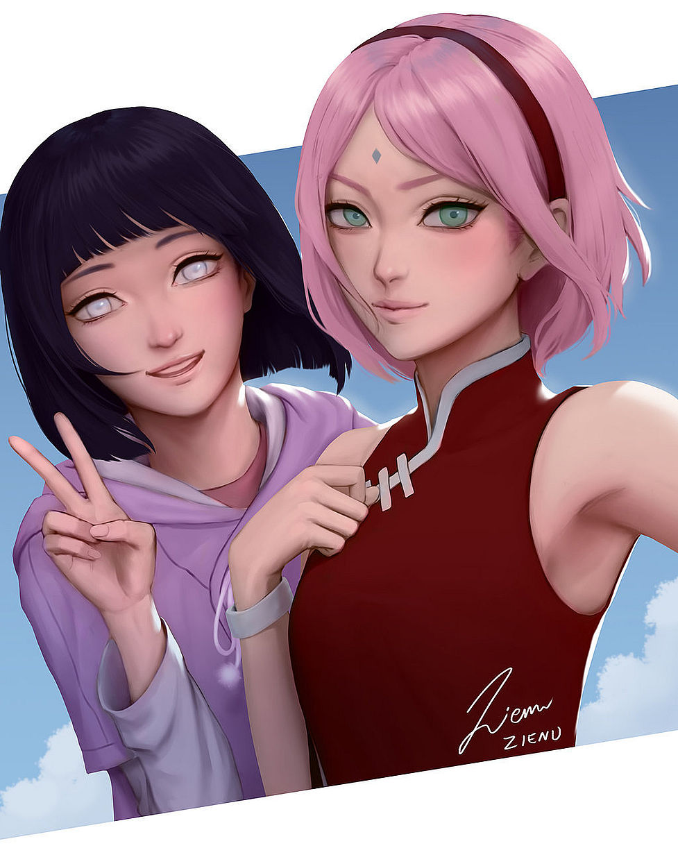 Sakura Haruno and Hinata Hyuga: digital art: Naruto (Artist: Zienu)