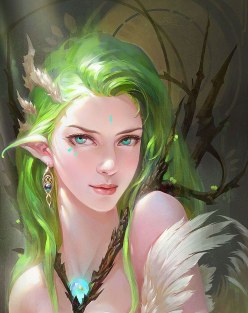 Elf girl with green hair (digital art by Wang Miao)