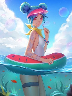 Pool Party JinX is swimming in the sea (digital art by Kezi)