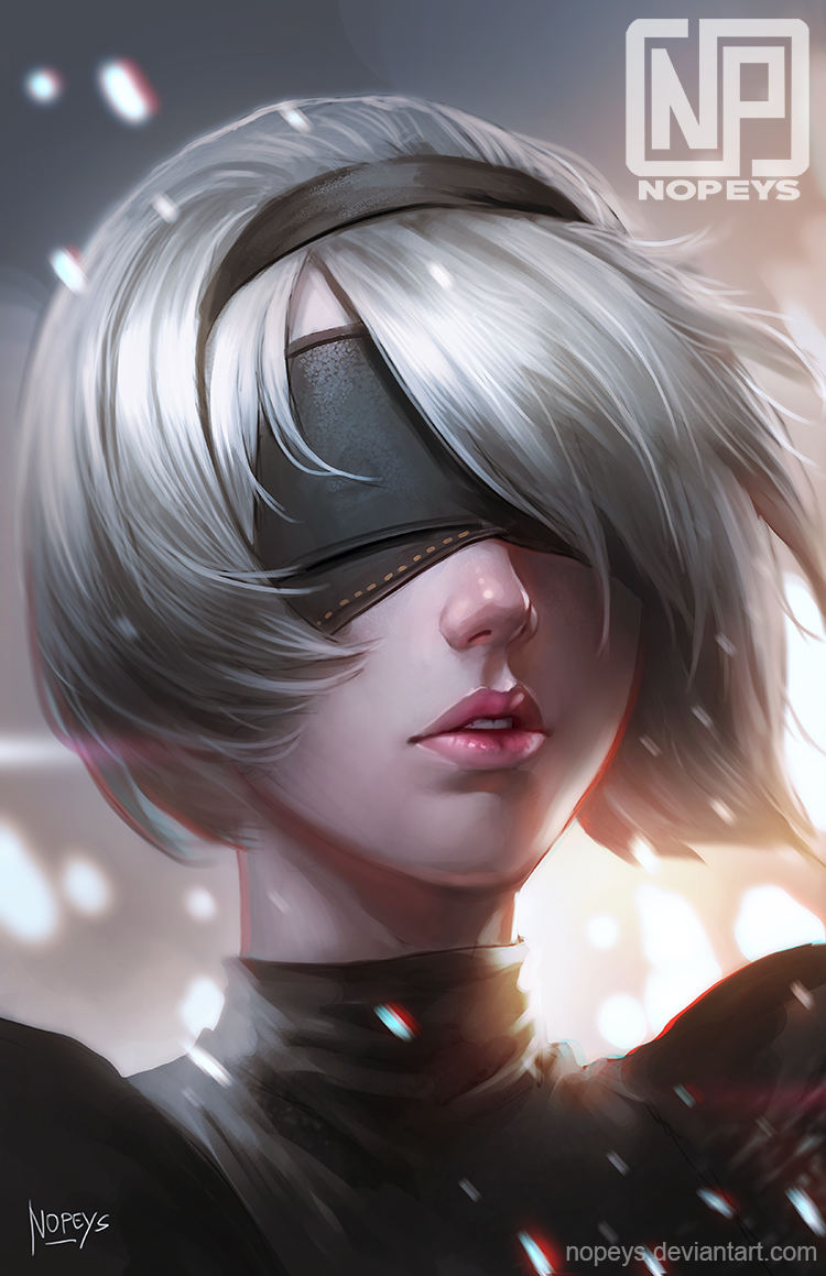 Cyborg girl 2B with a blindfold: gaming pictures: NieR Automata (Artist: Norman de mesa)