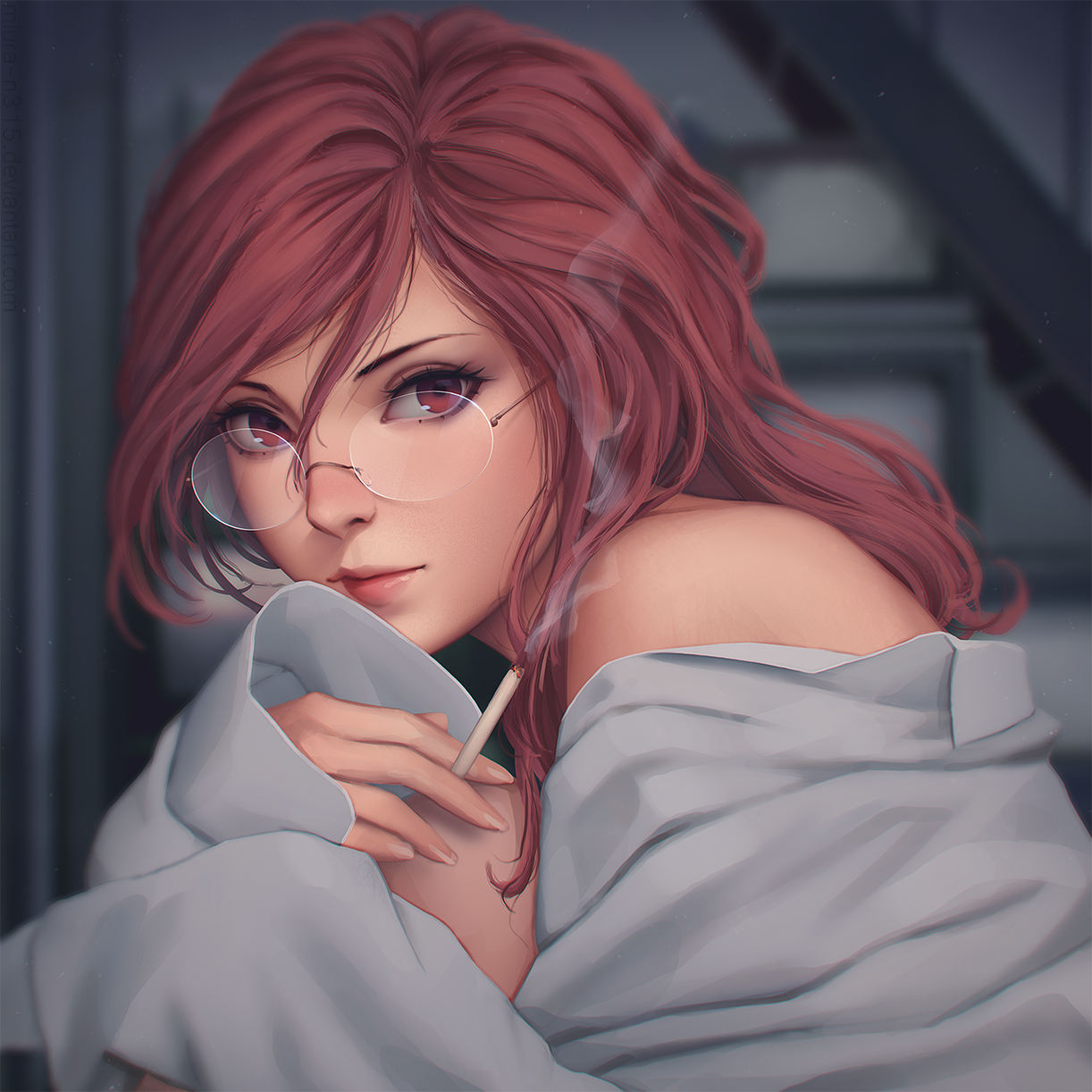 Aozaki Touko with cigarette: Kara no Kyoukai VN art: Visual novels (Artist: Miura Naoko)