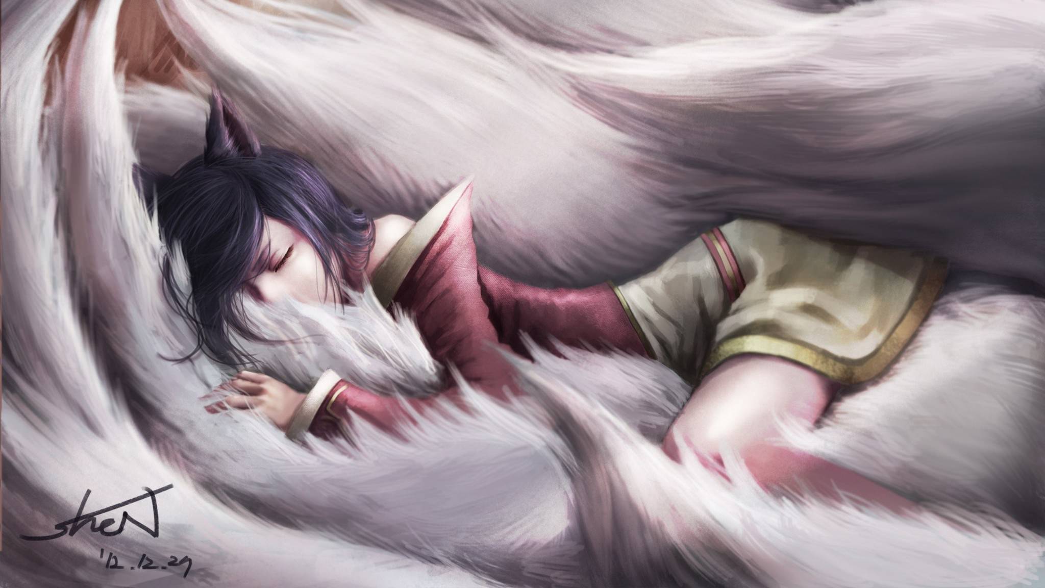 Pretty sleeping foxgirl Ahri: FullHD+ desktop wallpapers: League of Legends (Artist: Ake (Cherrylich))