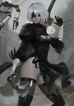 Cyborg girl 2B with a blindfold: gaming pictures [Artist: Norman