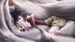 Pretty sleeping foxgirl Ahri: FullHD+ desktop wallpapers (digital art by Ake (Cherrylich))