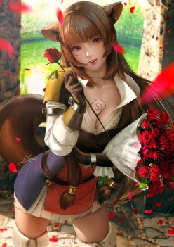 Kawaii tanuki girl Raphtalia with a bouquet of roses (digital art by ZumiDraws)
