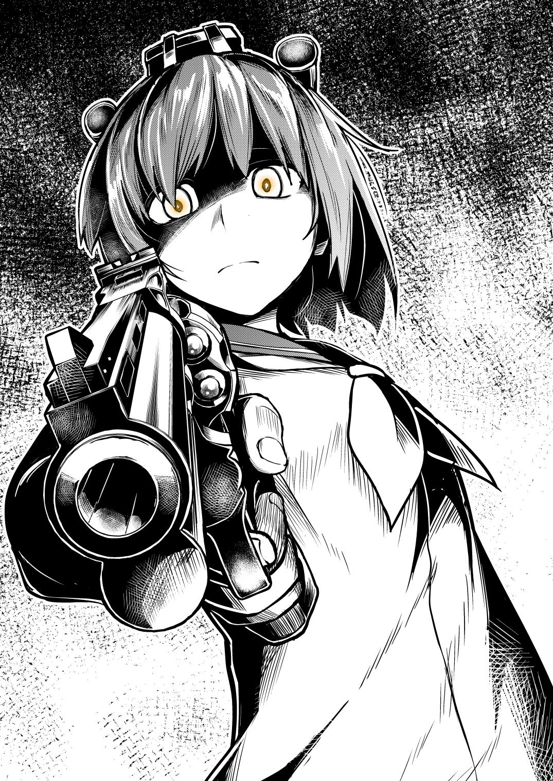 Yukikaze with pistol: Kantai Collection monochrome manga art: Other anime (Artist: Chaigidhiell)