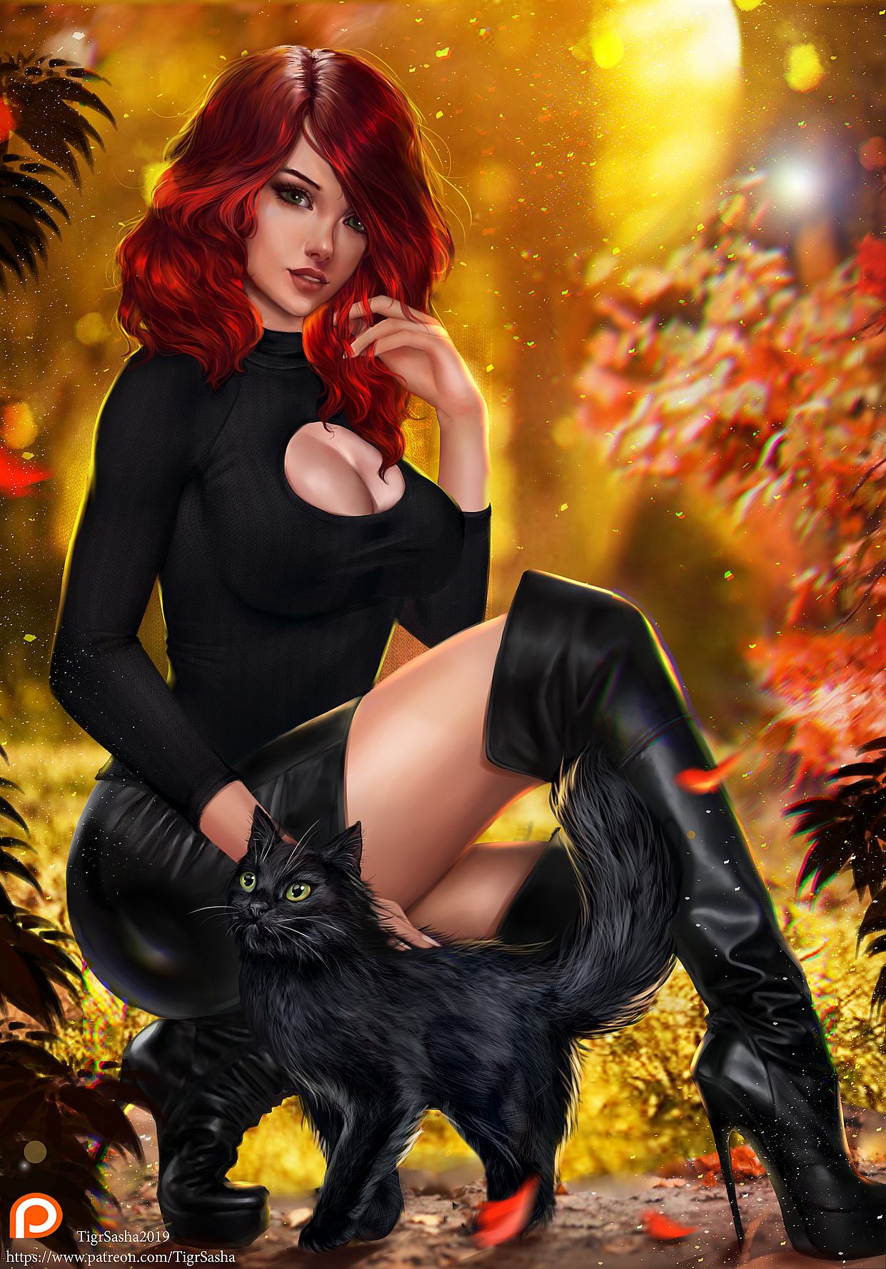 Red-haired girl with black cat: OC anime drawing: Original anime characters (Artist: Tigrsasha)