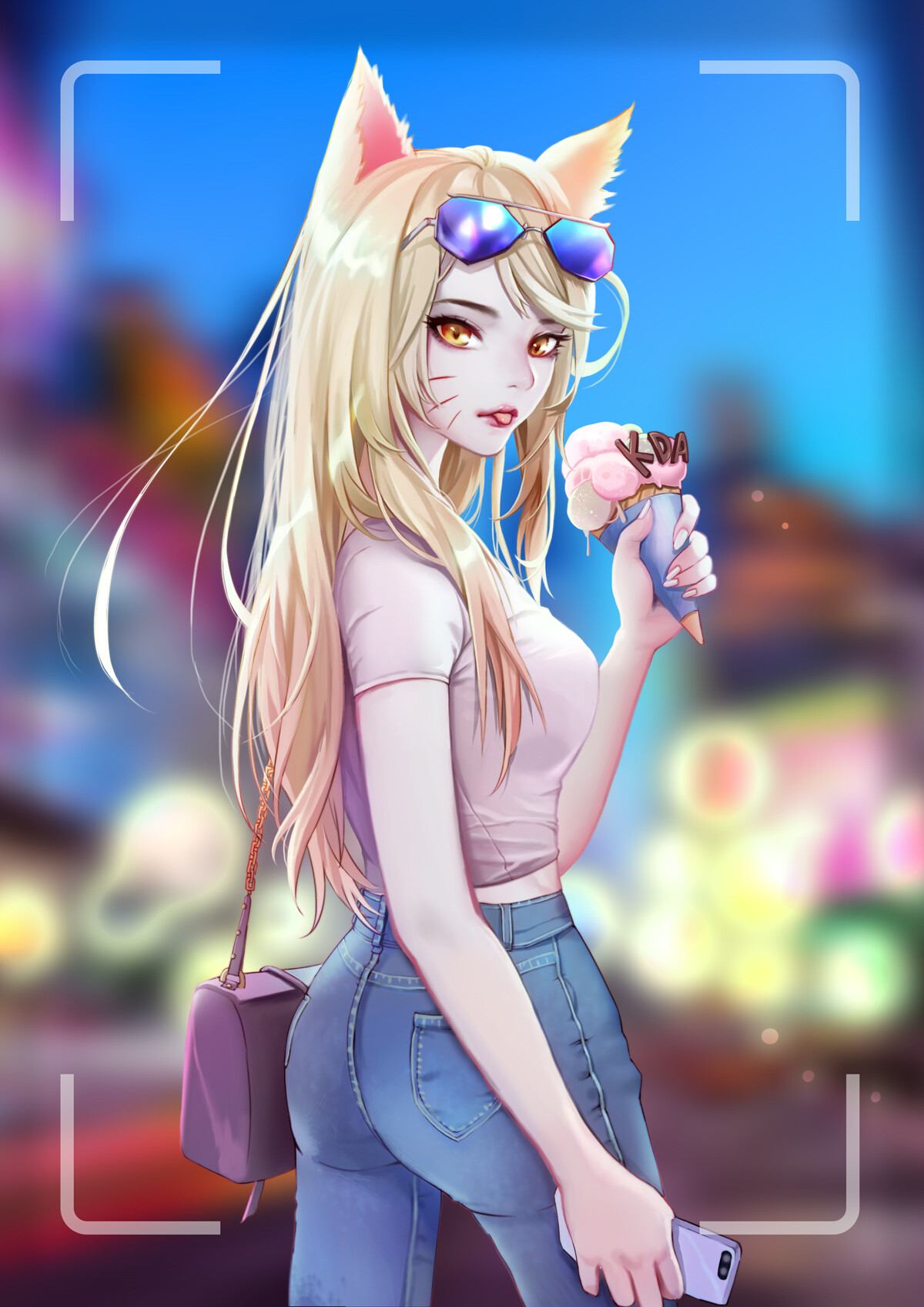 Fox girl K/DA Ahri with ice cream and smartphone: League of Legends (Artist: Nine M)