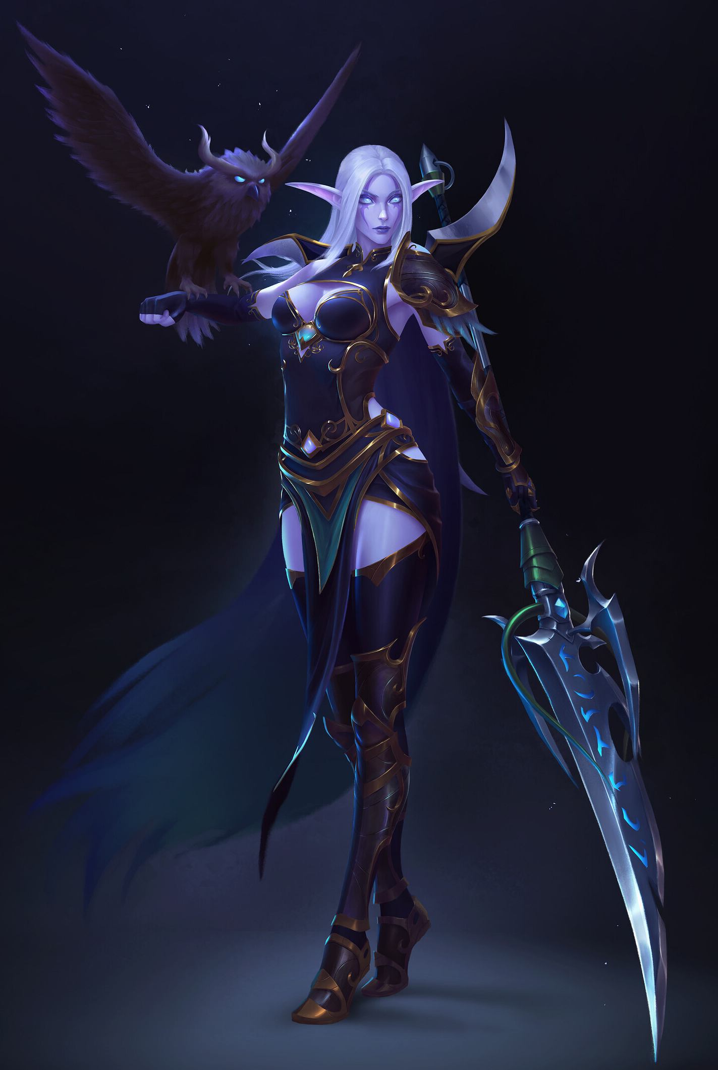 Night elf with sword and owl (Blizzard fanart): World of Warcraft (Artist: Fan Foxy)