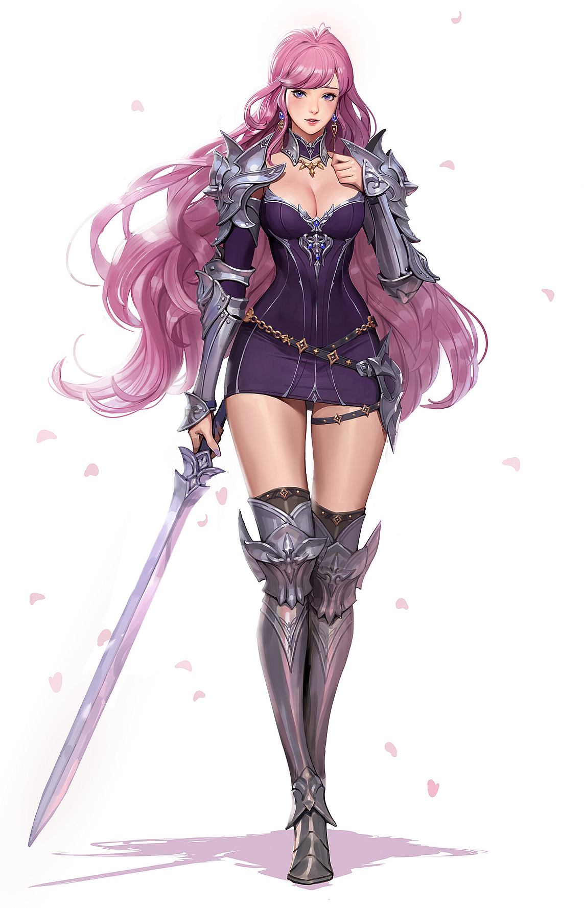 Warriror girl with pink hair and sword: OC anime art: Original anime characters (Artist: Junq Jeon)