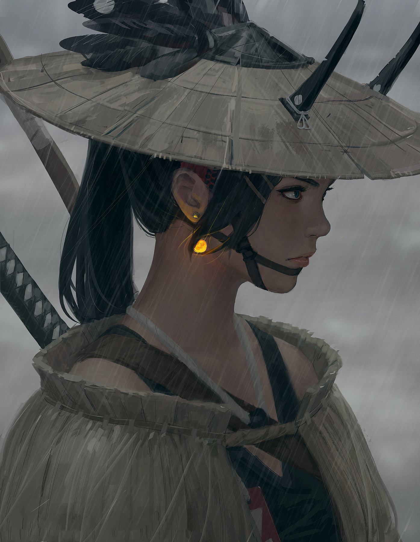 Samurai girl in japanese clothes: fan illustration: Original anime characters (Artist: GUWEIZ)