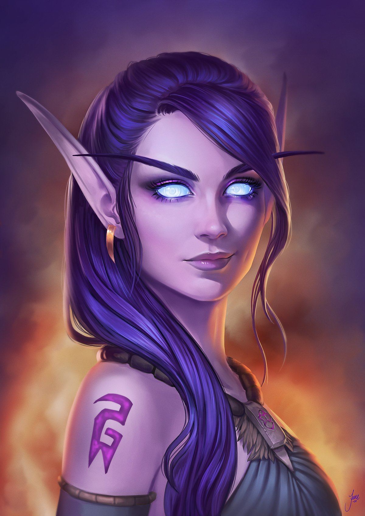 Adorable Void Elf girl portrait: WOW character digital art: World of Warcraft (Artist: June Jenssen)