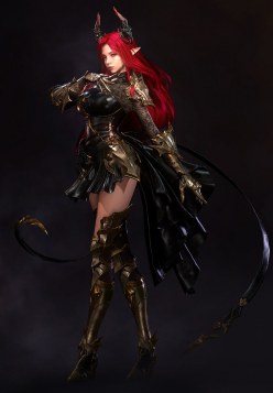 Beautiful red-haired succubus witch horns: OC art (digital art by JAEYOUNG JEONG)