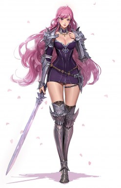 Warriror girl with pink hair and sword: OC anime art (digital art by Junq Jeon)