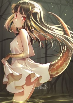 Little monster (dragon) girl in white dress (digital art by Straynight)