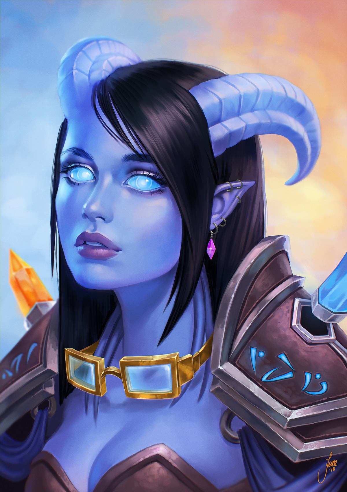 Amazing monster girl (Draenei race) with blue skin: World of Warcraft (Artist: June Jenssen)