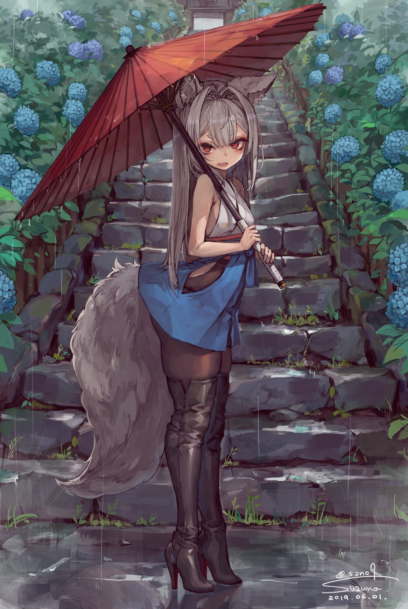Kitsune with umbrella (fox ears and tail, OC girl): Original anime characters (Artist: Suzuno (bookshelf))