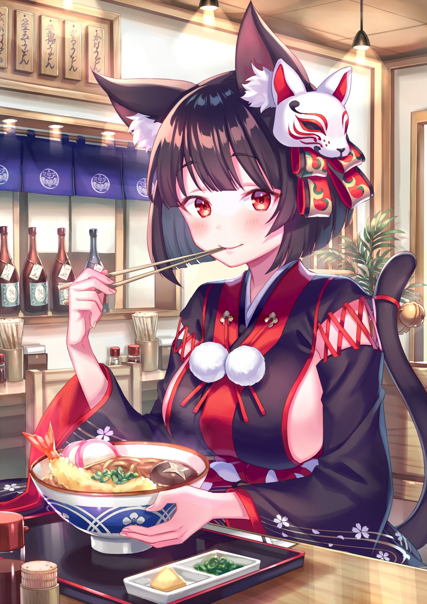 Pretty neko girl Yamashiro eats ramen with Chopsticks: Azur Lane (Artist: Zoff (Daria))
