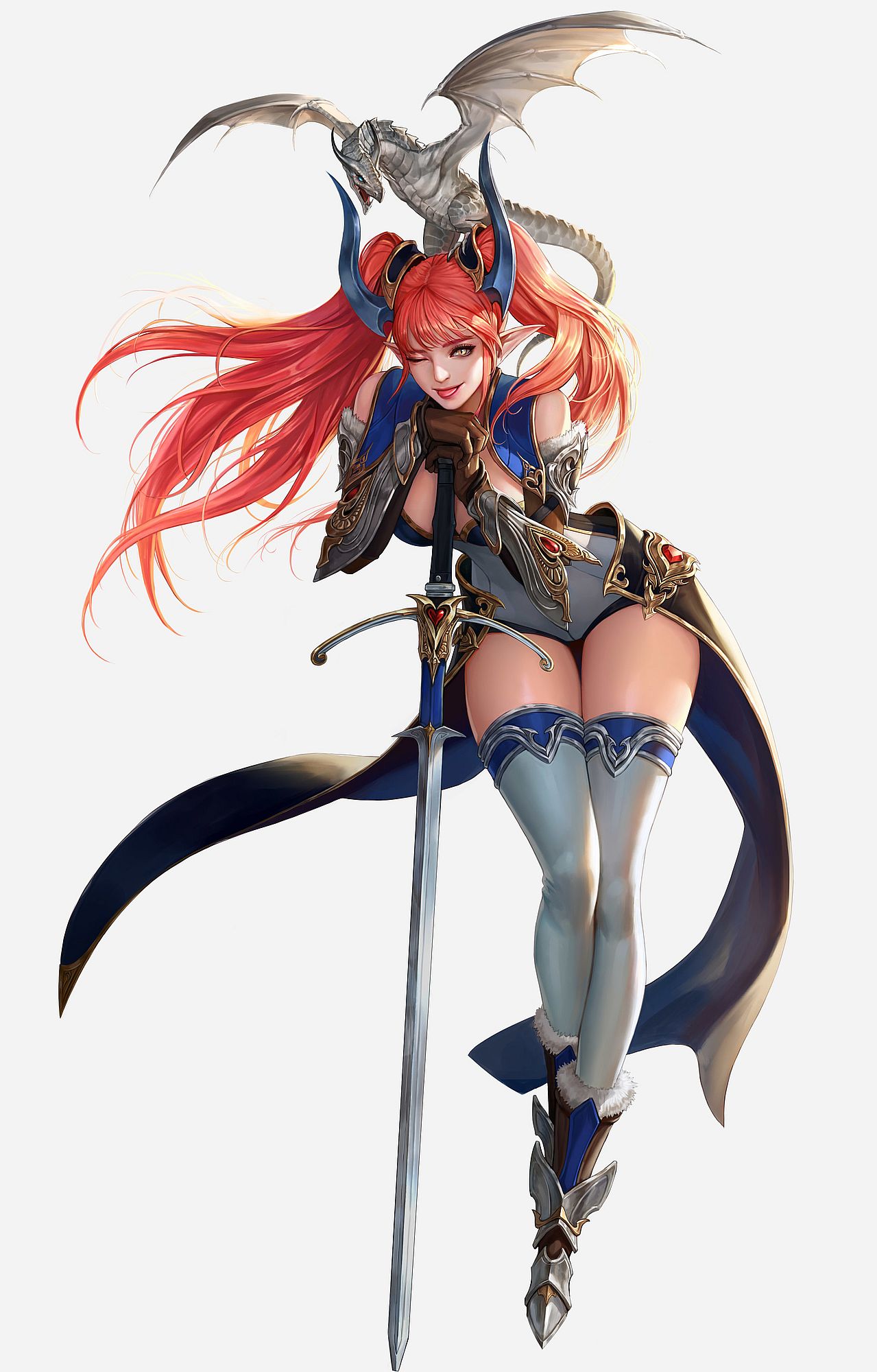 Redhead warrior girl with sword adn little dragon: Original anime characters (Artist: TaeKwon Kim)