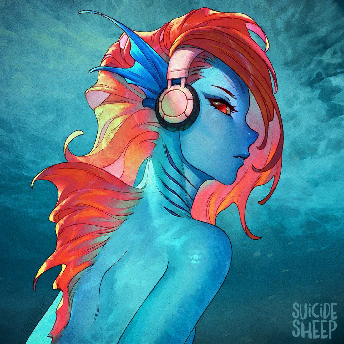 Monster girl Mermaid in headphones: digital artwork: Original anime characters (Artist: Nakanoart)