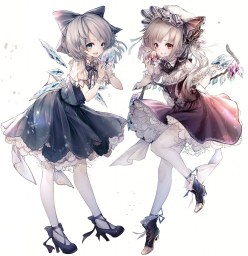 Two kawaii anime girls Cirno and Flandre Scarlet (digital art by Hito komoru (ヒトこもる))