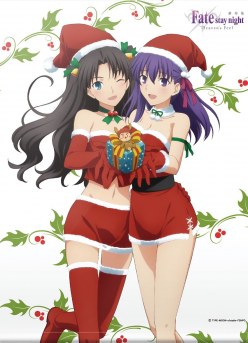 Sakura Matou and Rin Tohsaka in christmas outfits (digital art by Type-moon)