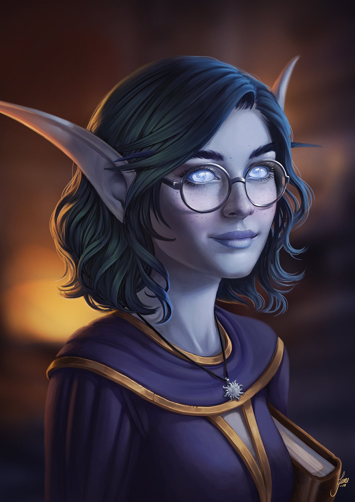 Night Elf girl in glasses: wow female character: World of Warcraft (Artist: June Jenssen)