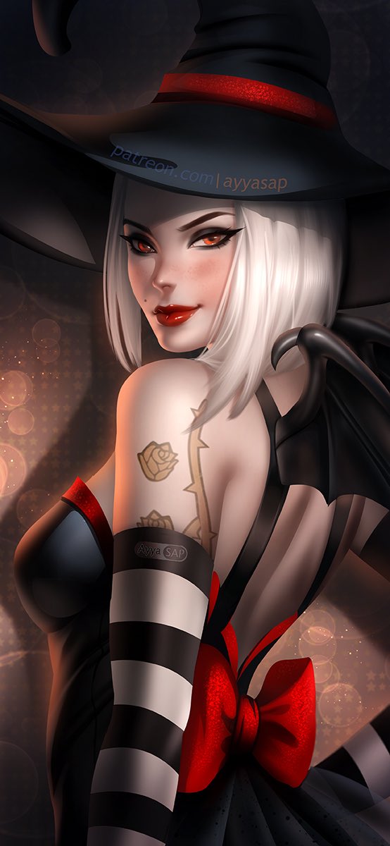 Halloween witch Ashe with tattoos: Overwatch (Artist: AyyaSAP)