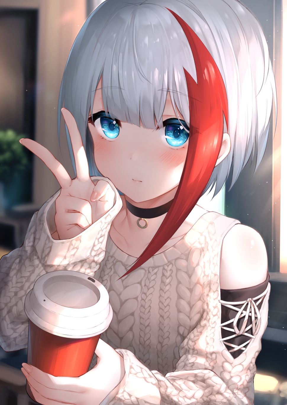 Admiral Graf Spee with coffee cup and bare shoulders: Azur Lane (Artist: Yuwari ume)
