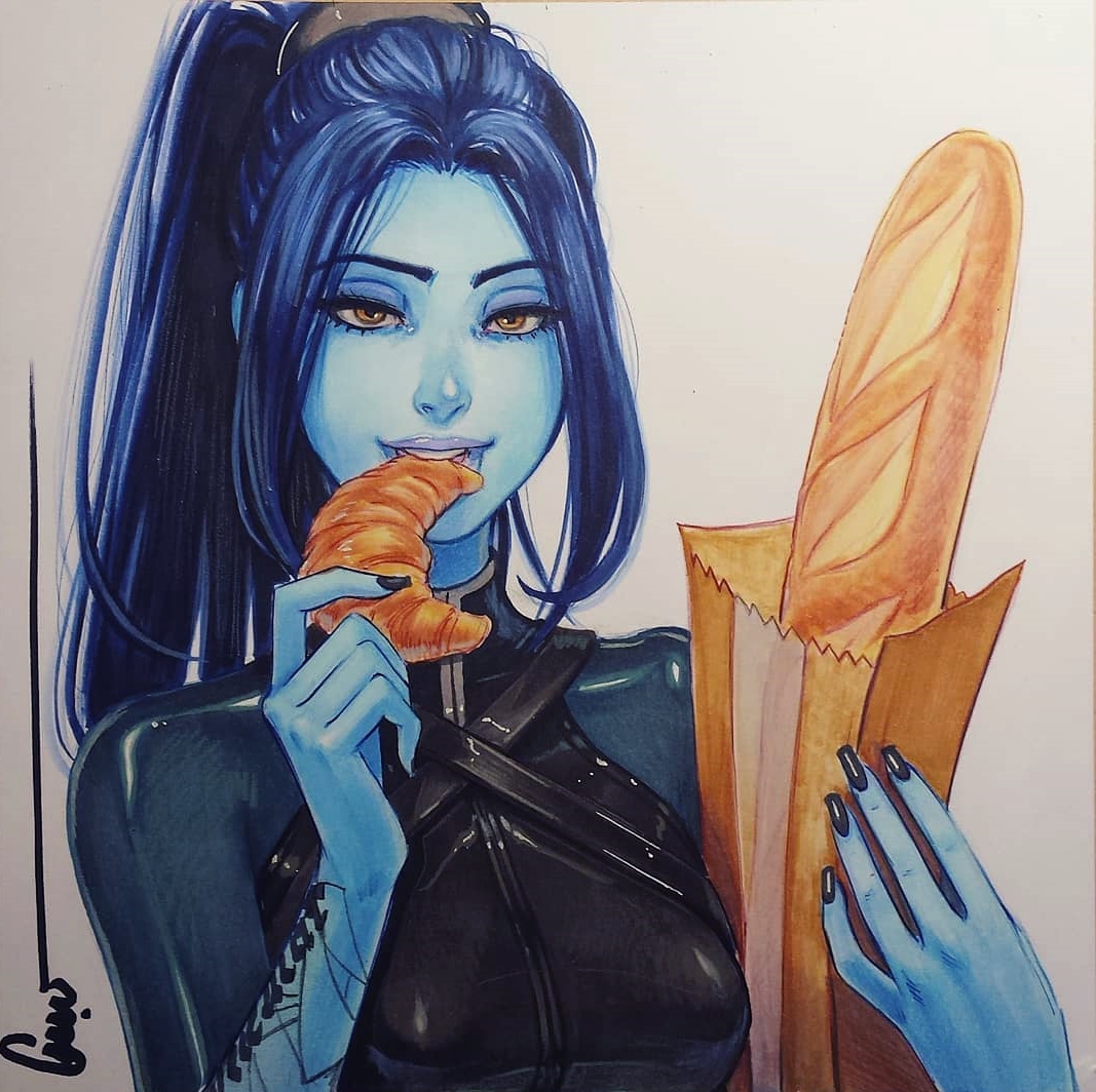 Widowmaker with croissant and baguette: ovw fan drawing: Overwatch (Artist: Omar Dogan)