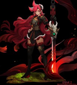 Warrior girl with red hait and a sword (digital art by Steve Zheng)