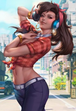 Game girl D.va (Hana Song) in headphones: Blizzard picture (digital art by KAIWANG)