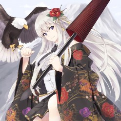 Anime girl Enterprise in kimono with eagle (digital art by Enchuu)