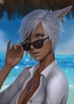Miqo'te girl in sunglasses and a shirt: Final Fantasy art (digital art by Nibelart)