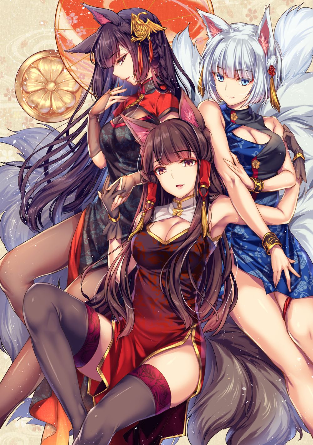 Three fox girls Akagi, Amagi and Kaga in Chinese Dresses.