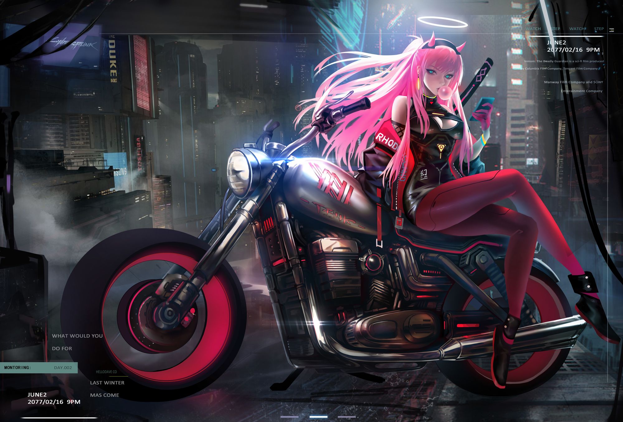 Wallpaper: Anime girl Zero Two (002) on a Motorcycle: Darling in the Franxx (Artist: gin79)