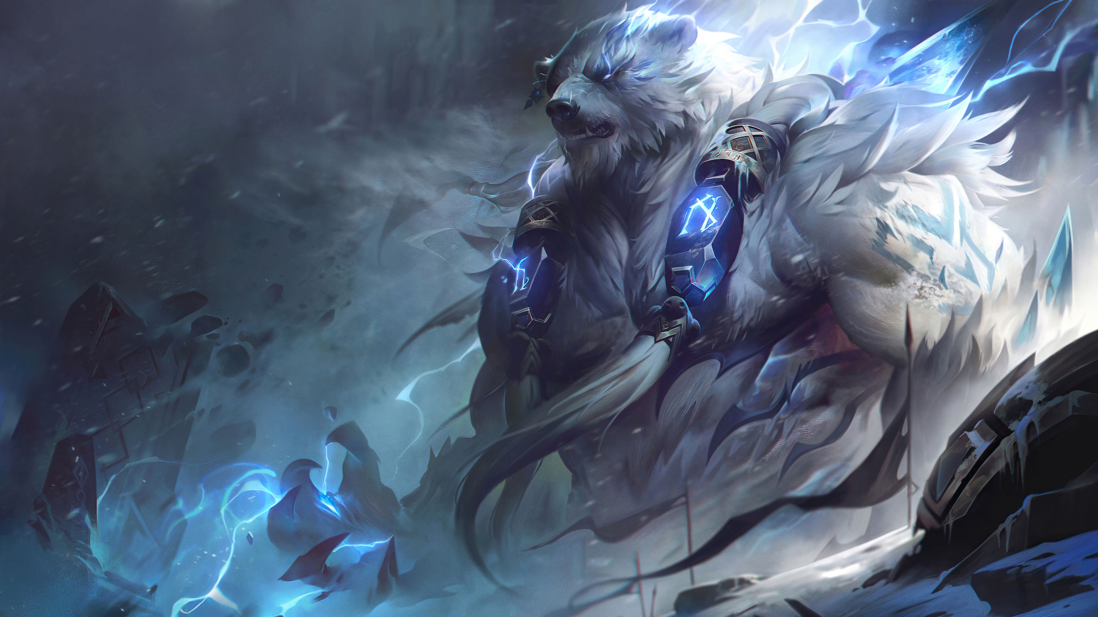 LOL Wallpapers 4K: Volibear rework skins (Thunderlord, Northern Storm, Runeguard, Captain, El Rayo, Thousand Pierced, Classic): League of Legends (Digital art by Riot Games)