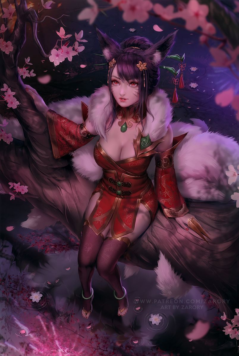 Adorable kitsune girl Ahri: human fox art: League of Legends (Artist: Zarory)