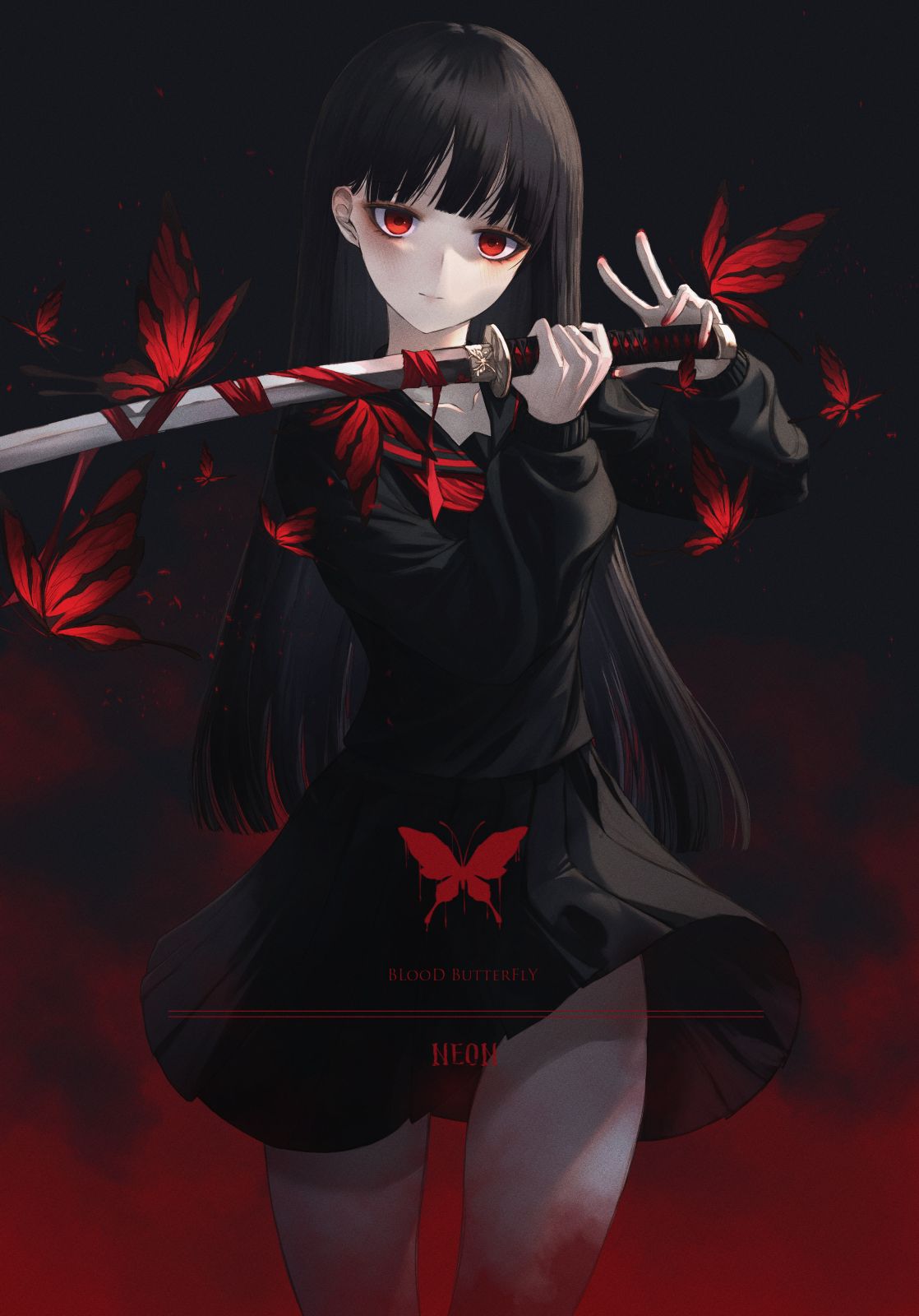 Yandere girl with katana: Anime OC pic: Original anime characters (Artist: Neon (pixiv 31150749))