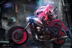 Wallpaper: Anime girl Zero Two (002) on a Motorcycle (digital art by gin79)