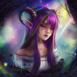 Monster Girl with horns, multi-colored hair and elf ears (digital art by Axsens)