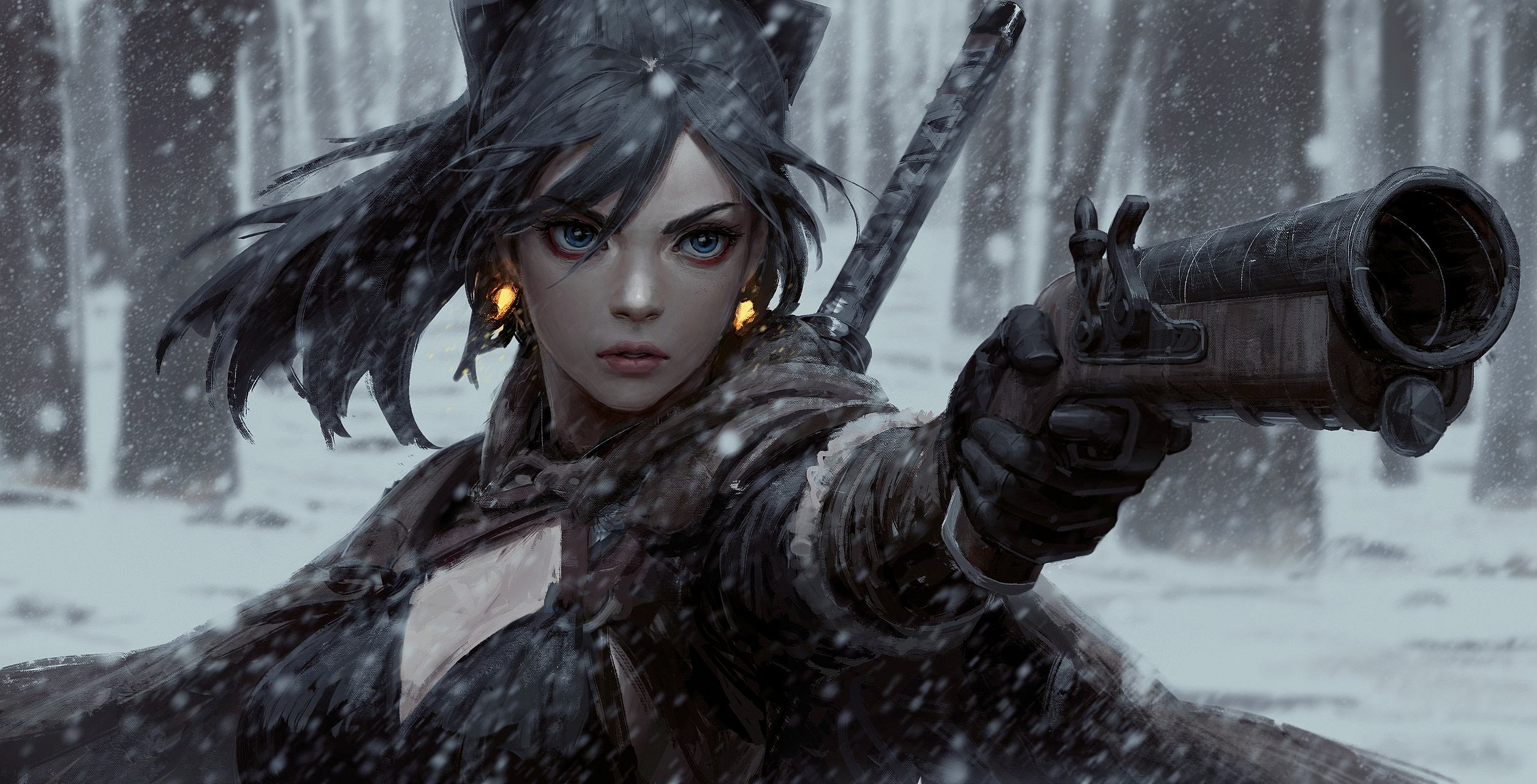 Girl with pistol and katana: desktop wallpapers: Original anime characters (Artist: GUWEIZ)