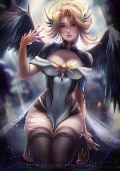 Pretty angel girl Mercy with black wings (Blizzard) (digital art by Axsens)