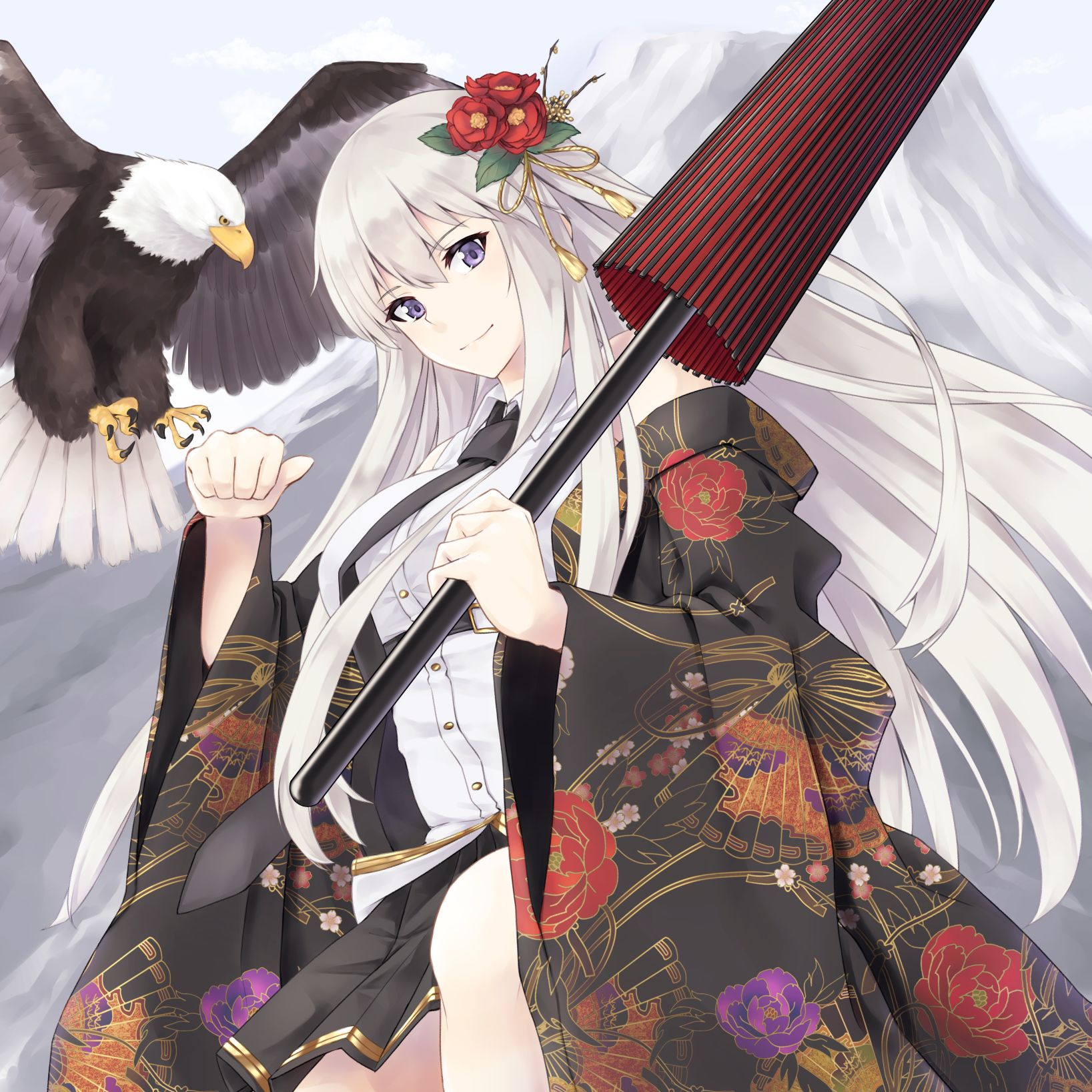 Anime girl Enterprise in kimono with eagle: Azur Lane (Artist: Enchuu)