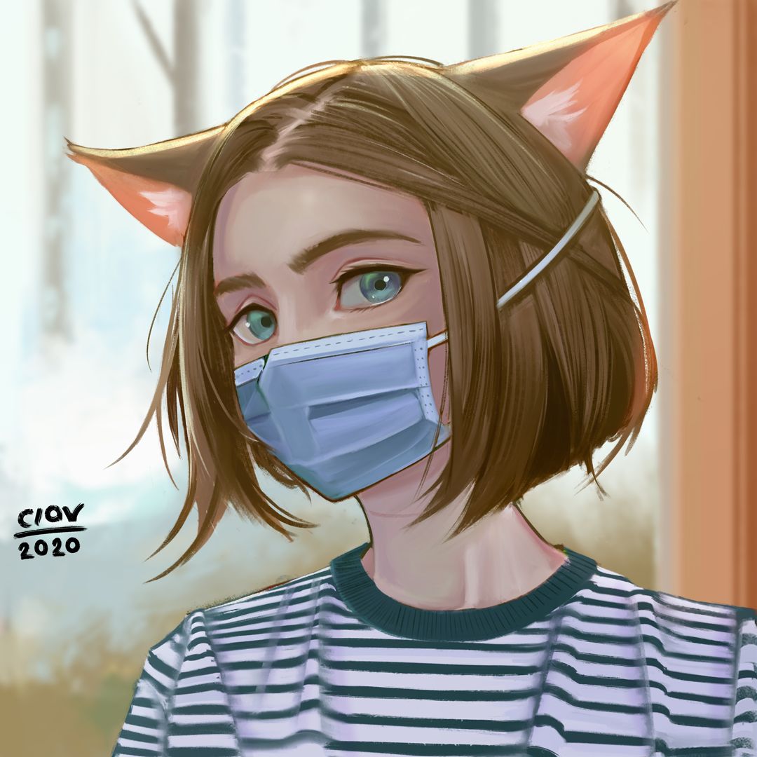 Cute neko girl in disposable face mask [Artist: Ciov] - Original anime