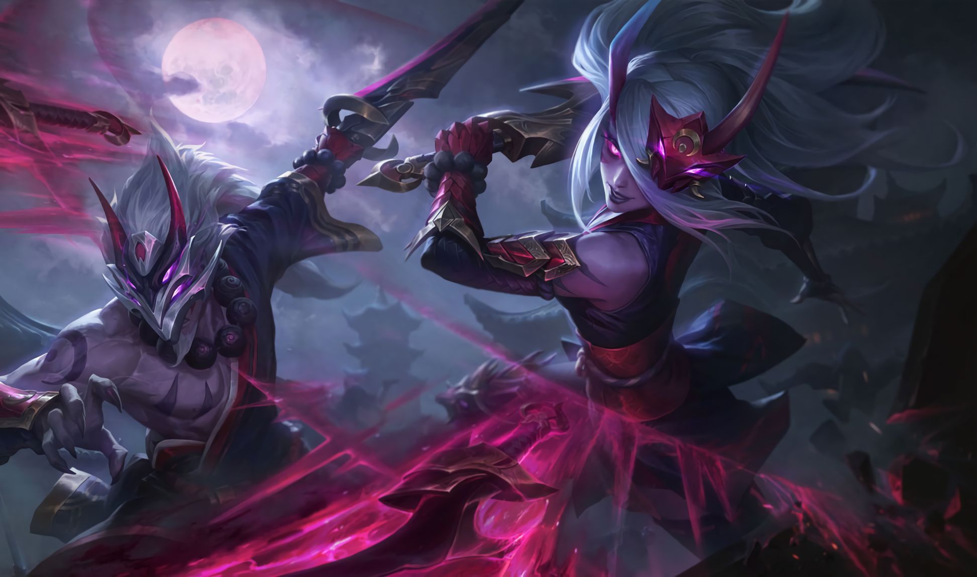 Wallpapers: Blood Moon Katarina and Master Yi skins: League of Legends (Artist: Riot Games)
